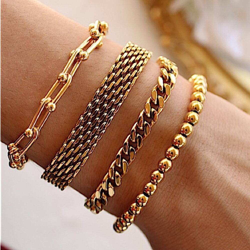 Gold Plated Bracelet Set, U Link, Mesh, Cuban, Beaded, Chain Link Bundle